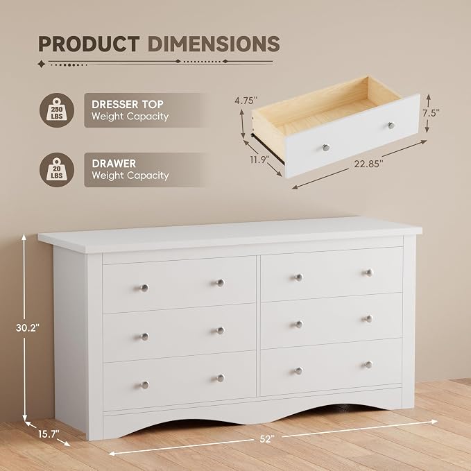Furmax Dresser for Bedroom, 6 Wood Dresser, Chest of Drawers, for TV up to 65 inch, TV Stand Storage Chest of Drawers for Hallway Entryway (White) - Image 2