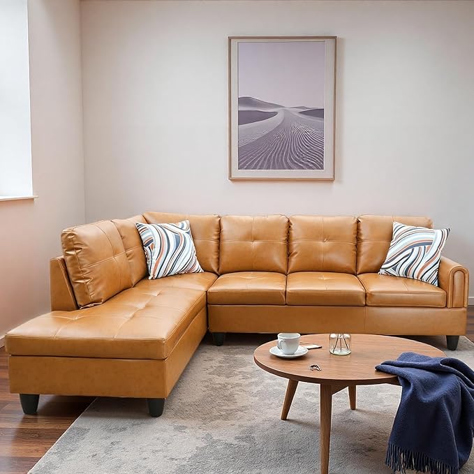 L Shape Sectional Couch with Chaise, 97 Inch Modular Sofa with Ergonomic Reclined Backrest, Sectional Couches for Living Room, High-Density Foam, for Office and Small Apartment, Ginger