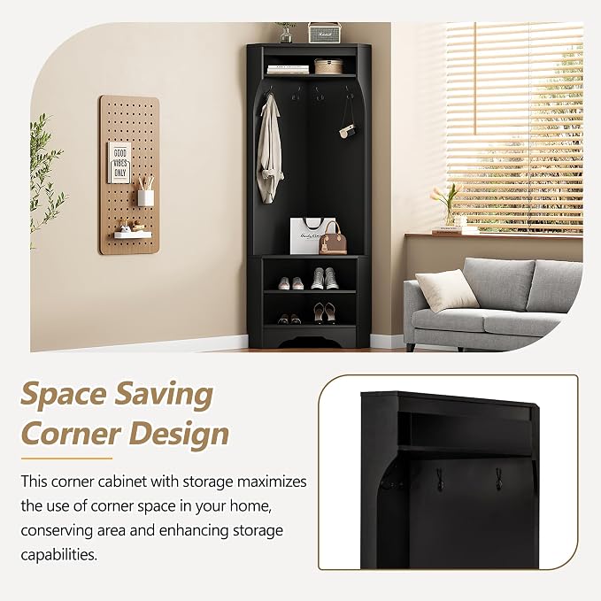Harper & Bright Designs Minimalist Corner Hall Tree with Shoe Bench, Versatile Entryway Coat Rack with 4 Hooks, Corner Cabinet with Adjustable Shelf for Hallway, Living Room, Black, 29.5''W*71.6''H - Image 2