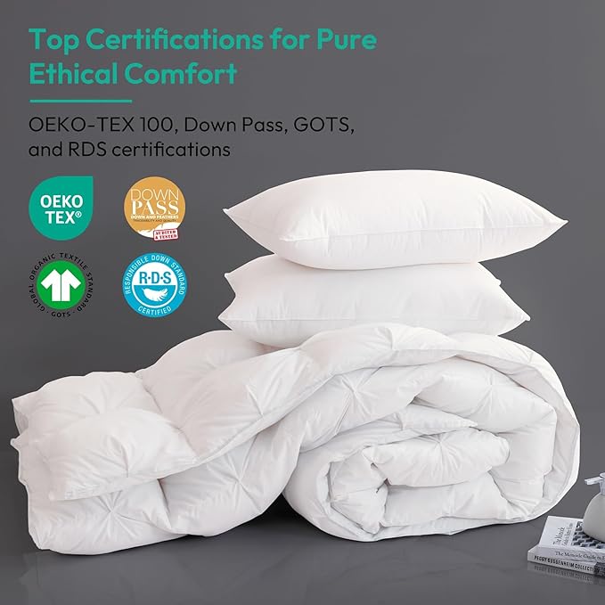 Three Geese Cal King Size Pinch Pleat Duck Feather Down Fiber Comforter - All-Season Down Duvet Insert Fluffy Baffle Box Design with 8 Corner Loops for Warmth and Softness.