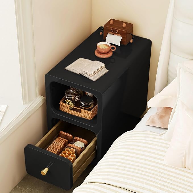 Solid Wood Nightstand, Narrow Night Stand with Drawers, Black Mid Century Modern Nightstand, Small Bedside Table with Open Storage Shelf for Bedroom (10 Inch) - Image 2