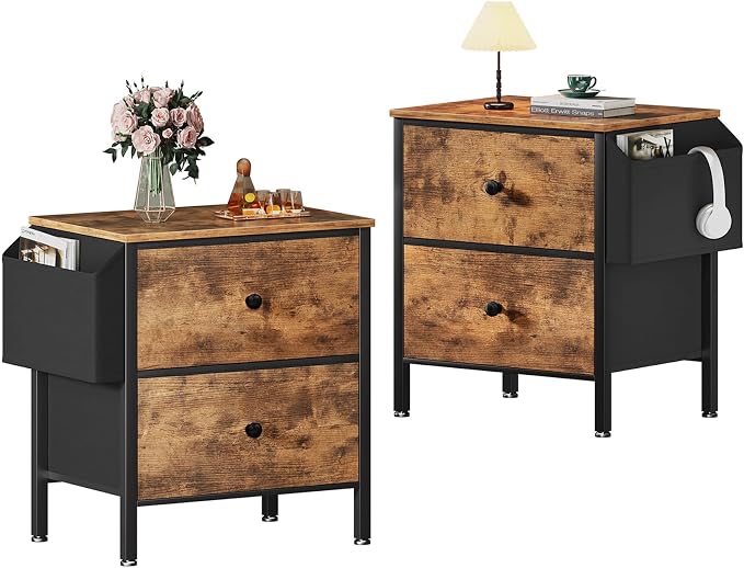 BOLUO Nightstands Set of 2 with Drawers, Small Night Stand with Pocket 2 Drawer Dresser for Bedroom Set End Table Brown by BOLUO