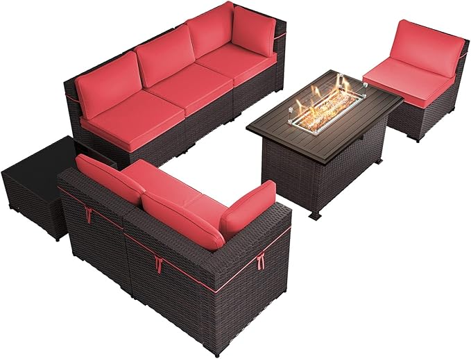 8 Pieces Outdoor Patio Furniture Set,Outdoor Sectional Furniture with 43" 55000 BTU Gas Propane Fire Pit Table,All Weather PE Rattan Wicker Patio Conversation Set,Red