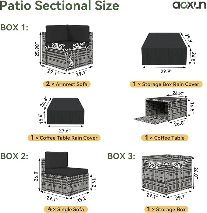 Aoxun 9 Piece Patio Furniture Set with 44” Fire Pit Table, Wicker Outdoor Furniture Set with Storage Box, Patio Sectional Set with Cushions and Waterproof Cover (Grey & Black)