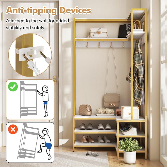 Tangkula Corner Hall Tree, 70 Inch Coat Rack with Bench and Shoe Storage, Entryway Furniture with 7 Hooks, Heavy Duty Metal Frame, Space Saving Clothes Rack Shoes Shelf Organizer (White) - Image 8
