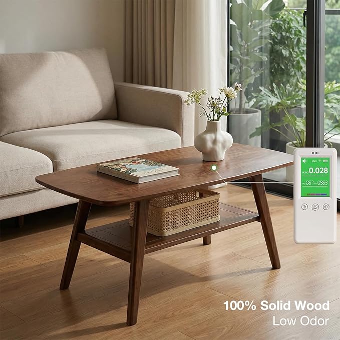 Mid Century Modern Coffee Table: 100% Solid Wood Coffee Table - 2-Tier Storage Design - Practical Coffee Tables for Living Room, Apartment, Easy Assembly (Walnut, 39.37")
