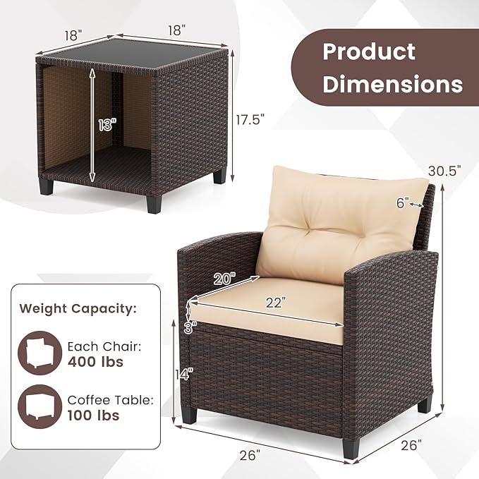 HAPPYGRILL 3 Pieces Patio Conversation Set, Outdoor Rattan Wicker Chairs & Coffee Table Set w/Cushions & Tempered Glass Tabletop, Porch Sofa Set for Backyard, Poolside