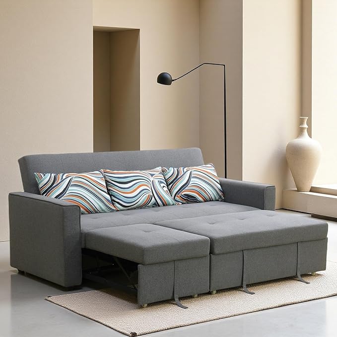 Modular Sofa Bed Couch with Storage, 77" Reversible Sleeper Sofas with Pull Out Bed, Pull Out Couch for Living Room Apartment Bedroom Office, Light Grey