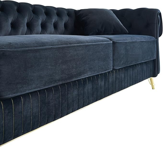 KEIKI 89" Chesterfield Velvet Button Tufted Sofa with High Density Foam Cushions and 2 Toss Pillows, Modern Style 3-Seater Couch with 4 Gold Metal Leg, Easy Assembly, for Living Room, Apartment, Black
