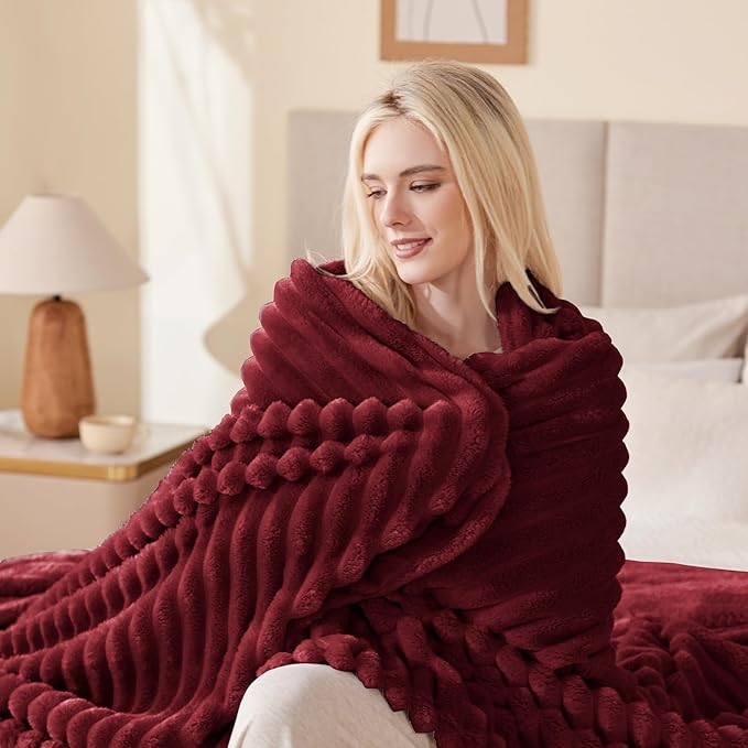 EXQ Home Fleece Throw Blanket for Couch or Bed - 3D Stripe Jacquard Decorative Blankets - Cozy Soft Lightweight Fuzzy Flannel Blanket Suitable for All Seasons(50"??60",Red)