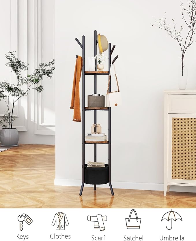 YMYNY Coat Rack, Freestanding Coat Stand with Storage Shelves, Hall Trees with 3 Wooden Shelves and 1 Fabric Basket, Metal Clothes Stand for Hats Bags Hallway Bedroom Rustic Brown UHGR005H - Image 3