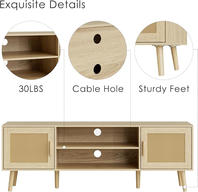 TV Stand for 55-65inch TV, Rattan Entertainment Center with Soft Hinge Door,TV Console Table with 2 Cabinets with Gold Handle and Feet,for Living Room, Bedroom, Natural - Image 5