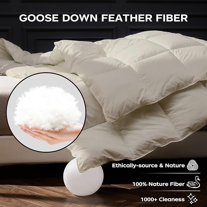 puredown® Goose Feather Down Fiber Comforter King Size, All Season 100% Cotton Duvet Insert Medium Warmth, Cloud Soft Hotel Luxury Collection Bedding Comforters Cream 106"x90"