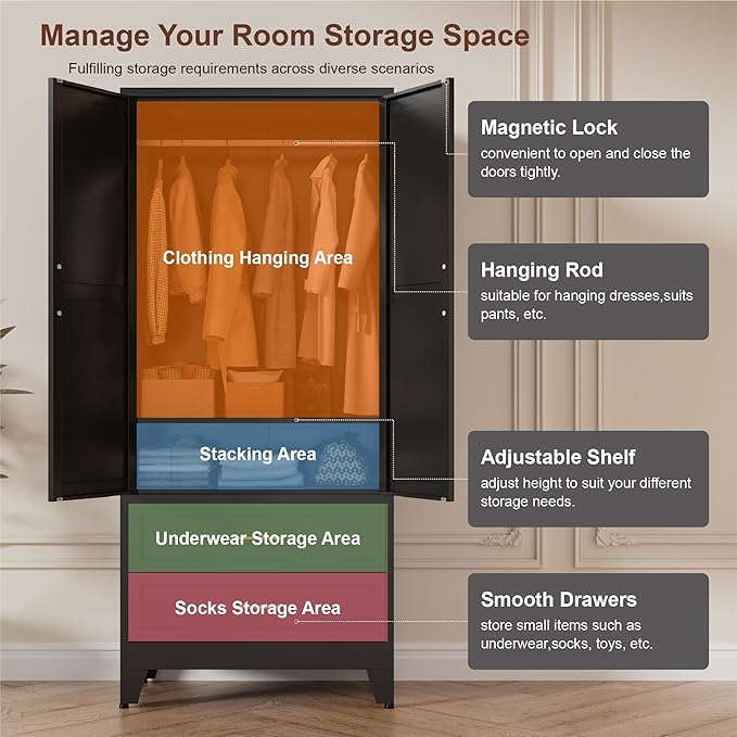 LCAOPC 71" Tall Metal Wardrobe Cabinet with 2 Drawers and Hanging Rod, 2 Doors Armoire Wardrobe Closet with Shelf for Bedroom, Office, Laundry Room, Black