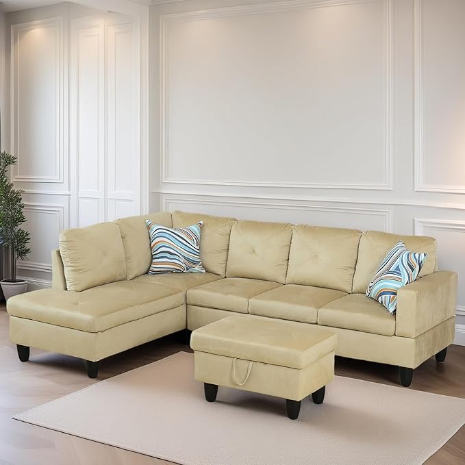 FONTOI L Shaped Sectional Couch Sofa, Modern Couches for Living Room, Comfy 4 Seat Modular Sectional Sofa with Ottoman Storage for Bedroom Apartment, Beige