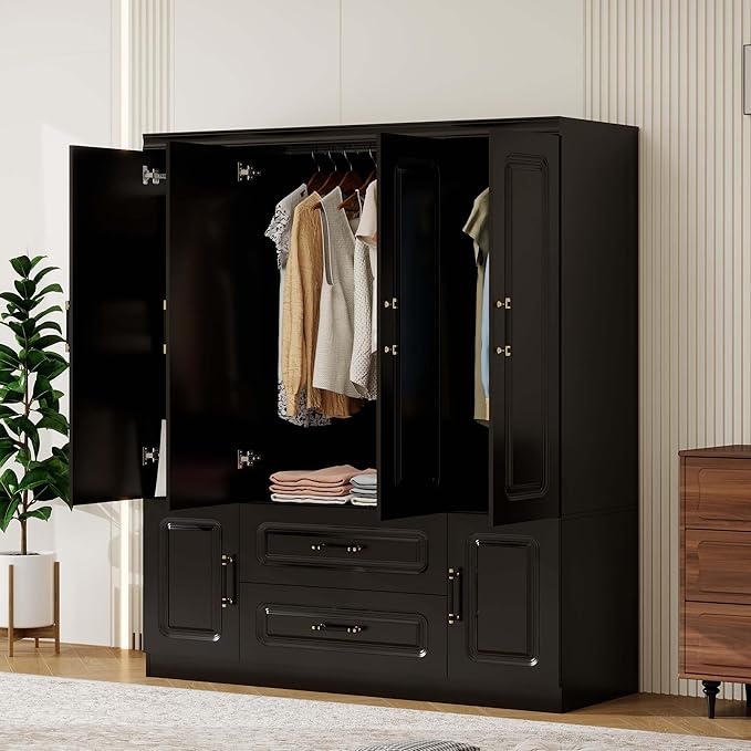 4-Door Modern Bedroom Armoire Wardrobe Closet with 2 Drawers & Hanging Rod, Smooth Black Storage Cabinet for Clothes/Shoes/Blankets 61.42" W x 20.67" D x 70.87" H (69)