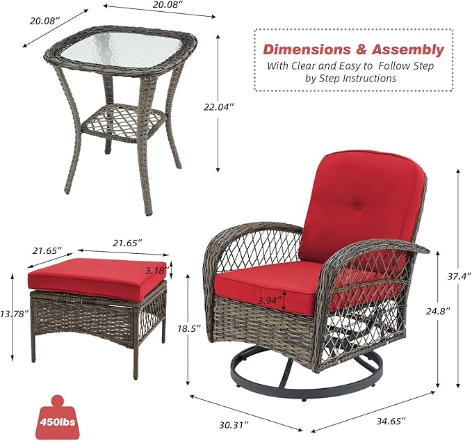 EROMMY 5 Pieces Outdoor Swivel Rocker Patio Chairs, 360 Degree Rocking Patio Conversation Set with Thickened Cushions, Glass Coffee Table and Ottomans for Backyard, Wine Red
