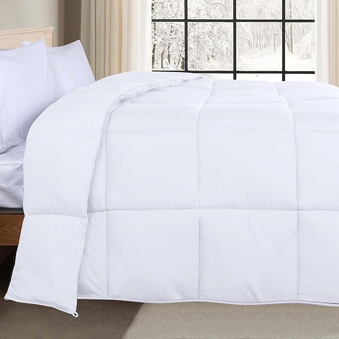 Superior Brushed Microfiber Comforter, Down Alternative Bedding, Medium Weight, Soft Bed Cover, Plush Duvet Insert, Oversized Blanket, Box Quilt, Reversible Comforter, Twin, White