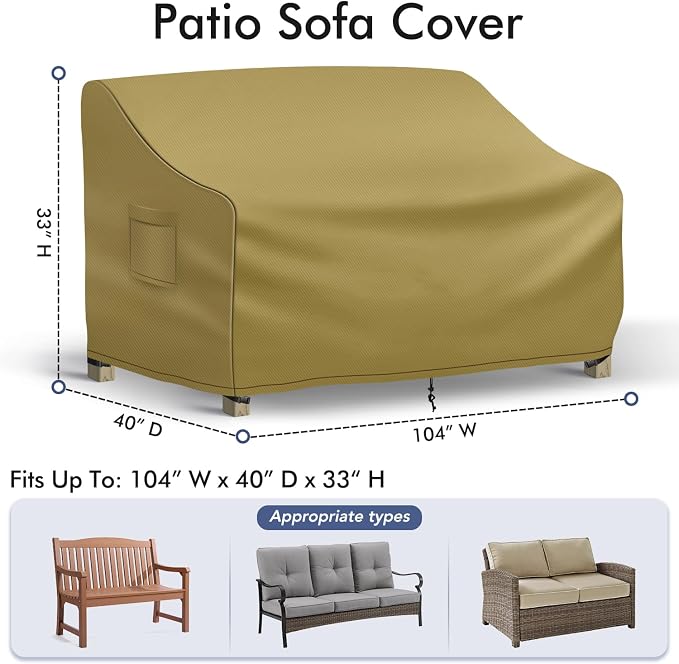 Richwon Outdoor Couch Cover Waterproof, 4-Seater Outdoor Sofa Cover, Patio Furniture Covers with Air Vent and Handles, 104W x 40D x 33H Inches, Khaki - Image 2