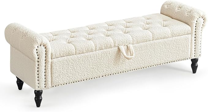 Furniliving 63” End of Bed Bench, Bedroom Bench with Button-Tufted, Large Upholstered Storage Ottoman Benches Entryway Bench with Storage Shoe Cabinet Bench, for Bedroom, Living Room, Faux Fur, White by FurnilivingFurnitureforHome
