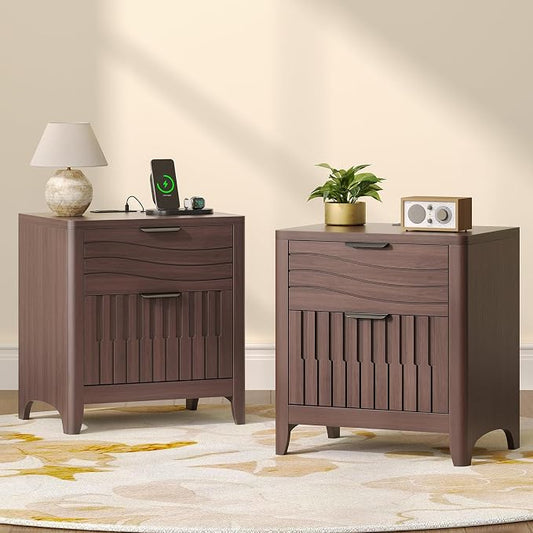 Fluted Nightstand Set of 2 with Charging Station, Modern Bedside Table with 2 Storage Drawers, Curved Corner & Metal Handle, Night Stand End Side Table for Bedroom, Walnut by Unknown