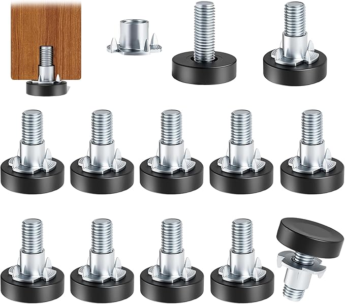12 Pack 1/4"-20 UNC Furniture Leveling Feet, Adjustable Heavy Duty Leg Levelers for Tables, Chairs, Cabinets & Shelving Units - Screw-in Glides Replacement for Uneven Floors