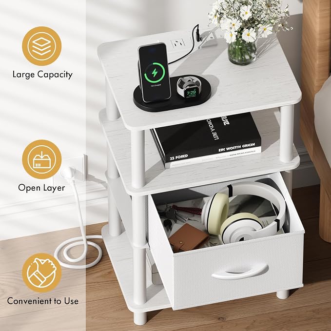 Bedroom Nightstand with Charging Station, Bedside Table with Adjustable Fabric Drawer, 3-Tier Night Table, 2-Min Installation Without Tools, Bedroom Side Table, White - Image 7