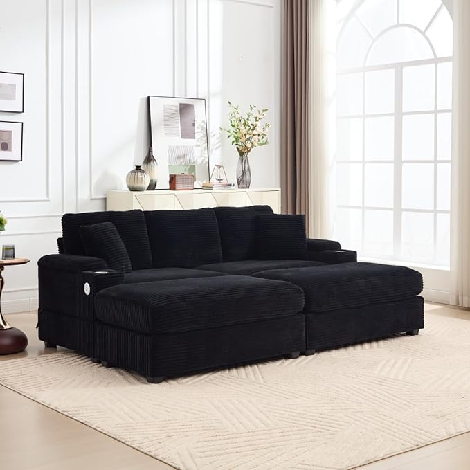 KEIKI 4 Seat Combination Sofa Bed Set, Chaise Lounge Sofa with Armrest Storage, Cupholders, USB, Deep Seat Sleeper Couch Reading Chairs for Living Room, Black