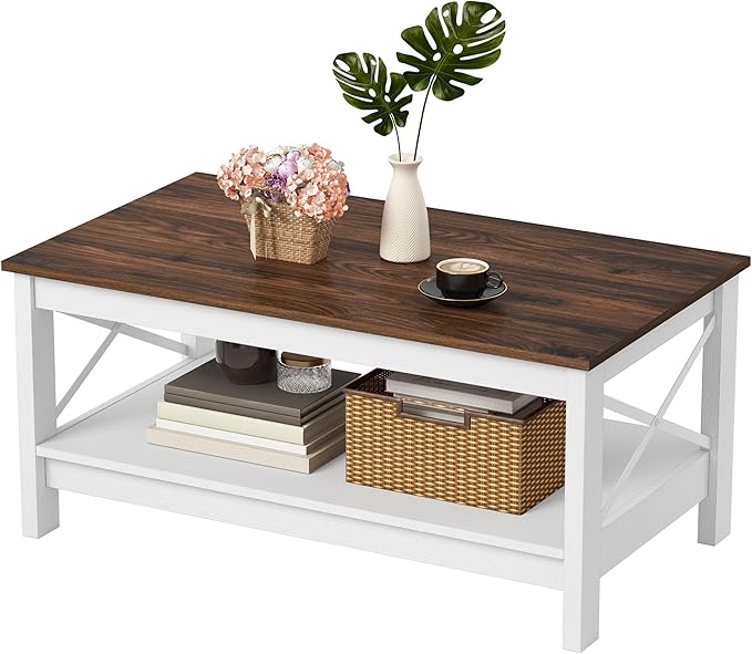 DWVO Rectangle Coffee Tables for Living Room Storage Table Wood Coffee Table with Thicker Legs 2 Tier Modern Coffee Table Center Table for Living Room, Brown
