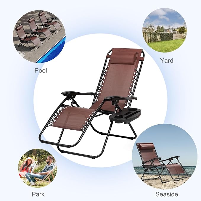 Nazhura Set of 2 Relaxing Recliners Patio Chairs Adjustable Steel Mesh Zero Gravity Lounge Chair Beach Chairs with Pillow and Cup Holder Khaki (Brown) - Image 5