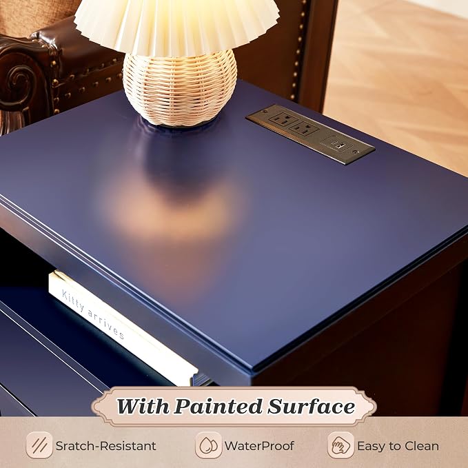 Huuger Nightstand with Charging Station, Blue Nightstand with 2 Drawers, Bed Side Table for Bedroom, Bedside Table with Storage, Modern Nightstands, Metal Knobs, Painted Surface - Image 7