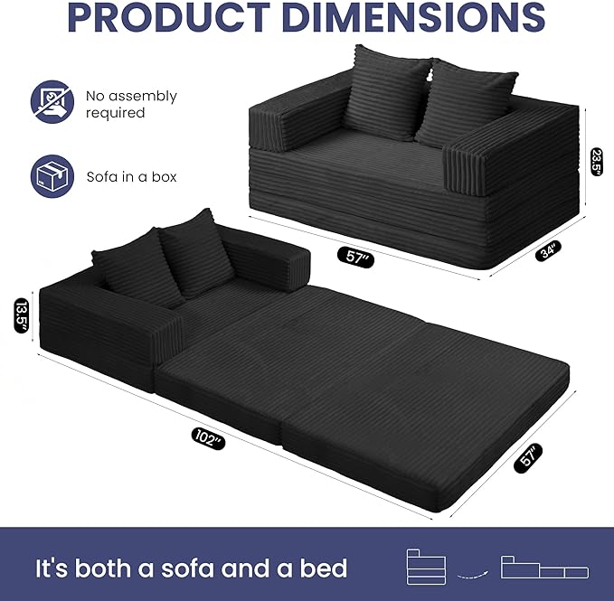 Convertible Sofa Bed, 4-in-1 Boneless Loveseat with Removable Armrests Backrest, Corduroy Futon Couch Bed with Pillow, Foldable Mattress Sleeper Sofa for Living Room Bedroom Small Place (Black)