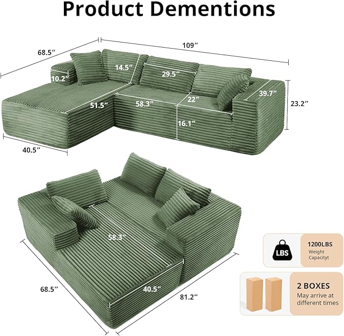 LUCKLIFE Modular Sectional Couch with L-Shape Chaise,Corduroy Upholstery Boneless Couches for Living Room,Oversized Sleeper Sofa,No Assembly Required (Green, L Shape with Left Facing Chaise)