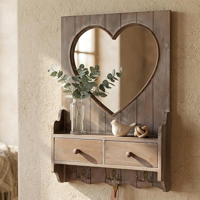 Rustic Farmhouse Wooden Entryway Mirror with Shelf and Hooks, 16"x24" Heart Shape Wood Frame Wall Mirror with Storage Drawer (Distress Brown) - Image 2