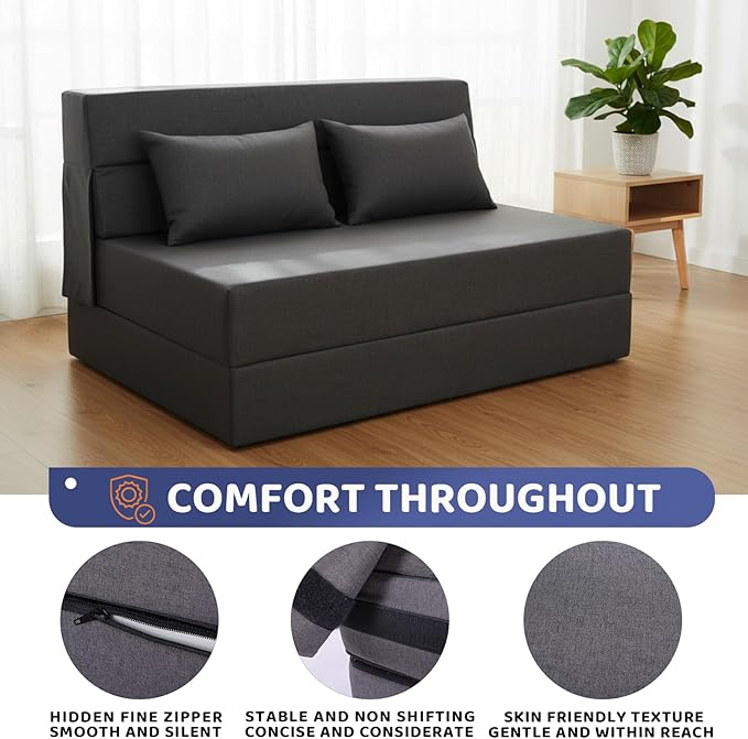 Folding Sofa Bed, Foldable Sleeper Chair with Pillow, Convertible Fold Out Chair Bed with Washable Cover, Foldable Mattress for Living Room, Bedroom, Guest Room, Single Size, Dark Grey
