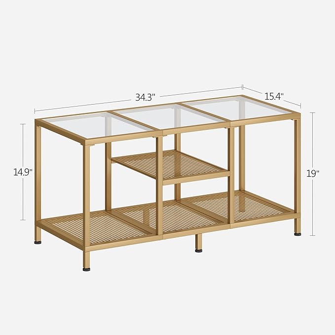 Glass Coffee Table, Coffee Tables for Living Room, Small Center Table, Modern Coffee Table with Open Storge&Metal Frame, Rectangular Coffee Tables for Small Space, Home Office, Gold