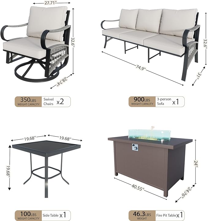 5 Pieces Outdoor Patio Conversation Sets, Outdoor Furniture Set Metal 3-Seater 2 Swivel Rockers with Side Tables and Fire Pit Table for Backyard Deck Porch Poolside, Beige