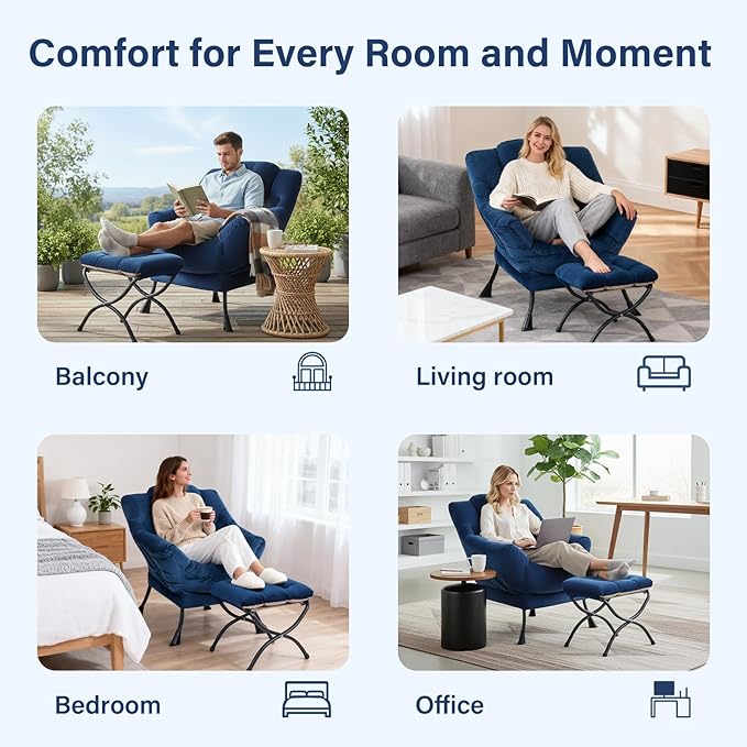 Lazy Chair with Ottoman, Modern Accent Chair Sofa Chair with Armrests, Reading Chair and Folding Footstool for Living Room, Bedroom, Office, Royal Blue