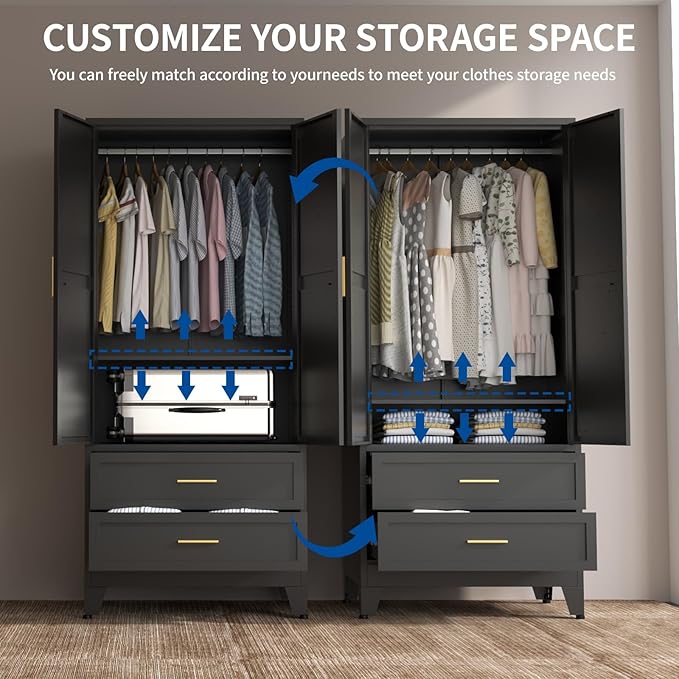 Steel Armoire Wardrobe Closet, 71" Metal Clothing Storage Cabinets with 2 Doors, 2 Drawers and 1 Adjustable Shelf, Black Wardrobe Cabinet with Hanging Rod for Bedroom, Gym