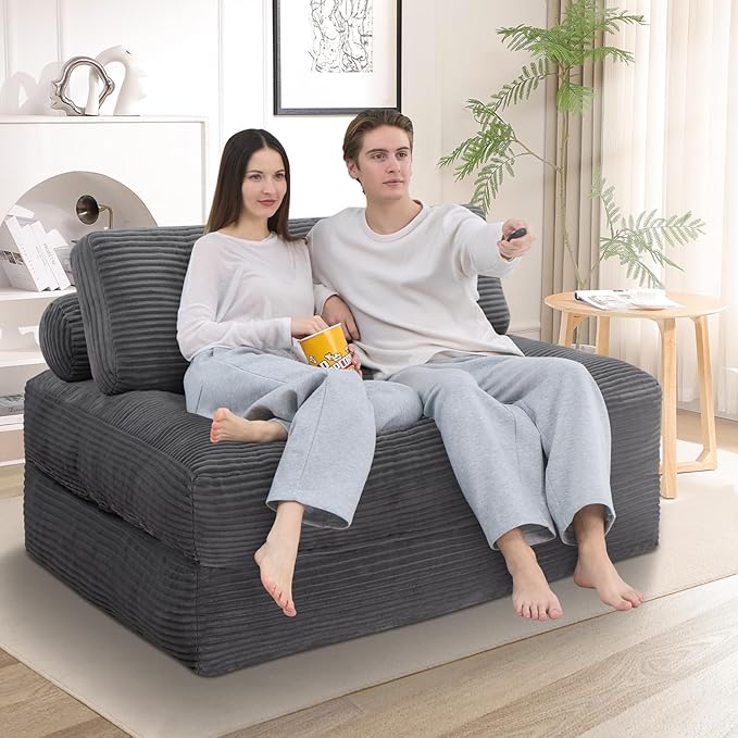 Folding Sofa Bed, Convertible Sleeper Chair with Pillow & Handle, Foldable Mattress Futon Chair Bed Lounge with Back Support, Comfy Floor Sofa for Living Room Bedroom, Grey, Full