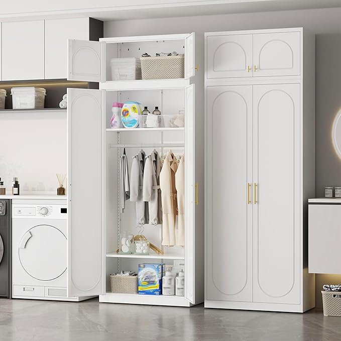 Metal Armoire Wardrobe Closet with Doors, 86" Tall Wardrobe Cabinet with Hanging Rod and Adjustable Shelves, White Clothing Storage Cabinets for Bedroom, Home Office