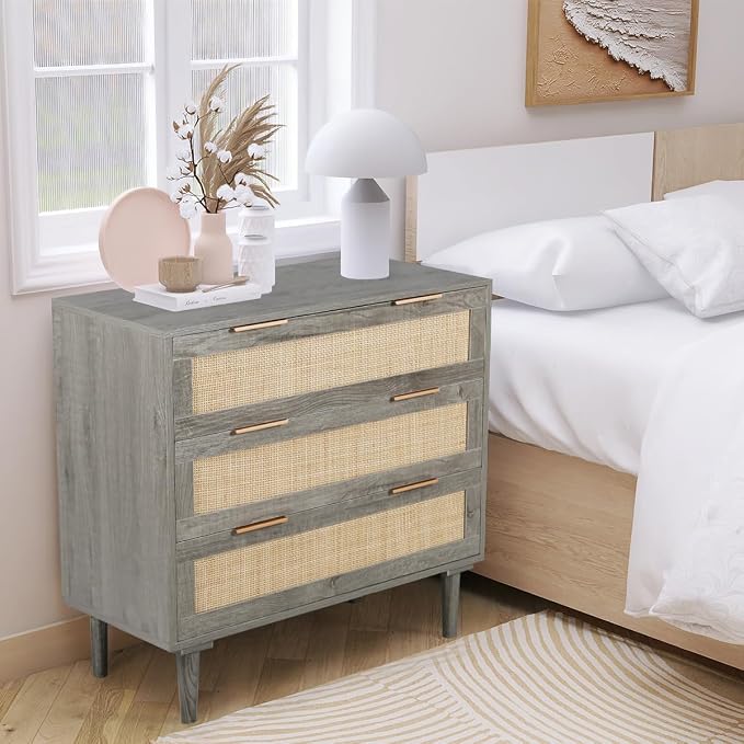 HOPUBUY Large Nightstand Set of 2 with Rattan Drawer, Modern 3 Drawer Night Stand for Bedroom, Wooden Bedside Table for Queen Size and King Size Bed,Grey - Image 2