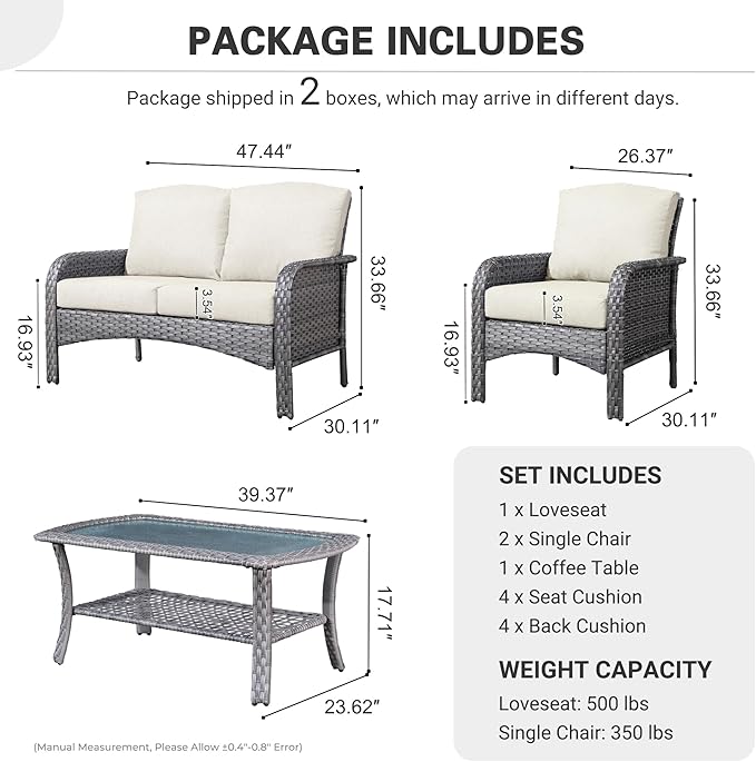 ovios 4-Piece Patio Furniture Set, Outdoor Wicker Sofa with Chairs Coffee Table, High Back Rattan Couch Loveseat with Comfy Cushions for Porch Yard Deck, Beige