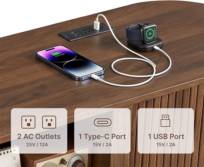 63'' Tambour TV Stand with Power Outlet for TVs up to 70 in,Mid-Century Modern TV Entertainment with 3 Cable Management Holes,Rattan Drawer & Fluted Sliding Doors,Media Console with Solid Wood Legs - Image 4