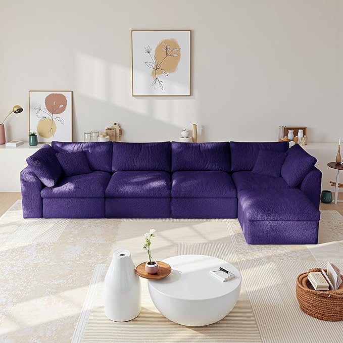 138" Modular Sectional Sofa Boneless Cloud Couch for Living Room, L Shape Deep Seat Recliner Sofa with Ottoman, Adjustable Backrest & 2 Throw Pillows - Covers Washable, (Purple, 4 Seater+1 Ottoman)