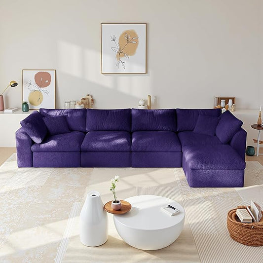 138" Modular Sectional Sofa Boneless Cloud Couch for Living Room, L Shape Deep Seat Recliner Sofa with Ottoman, Adjustable Backrest & 2 Throw Pillows - Covers Washable, (Purple, 4 Seater+1 Ottoman)