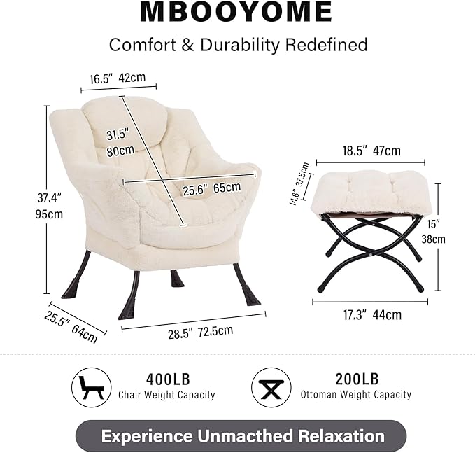 MBOOYOME Lazy Chair with Ottoman, Modern Accent Lounge Armchair with Side Pocket & Foldable Footstool, Leisure Reading Chair for Living Room, Bedroom, Dorm & Office, Plush Beige