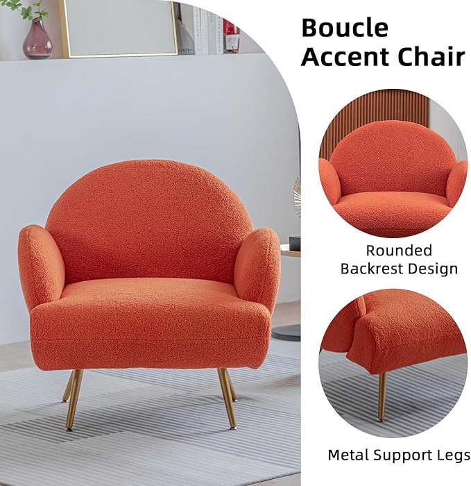 Orange Accent Sherpa Chair, Comfy Boucle Chair for Reading Bedroom Living Room with Golden Metal Legs Teddy Tufted Backrest Sofa Armchair Side Chair