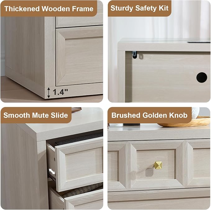 Nightstand Set of 2 W/Charging Station, 30.7" W King Size Bedside Table with 3 Drawers, Accent End Table W/Large Storage, Modern Wood Side Table for Bedroom,Office, Beige - Image 5