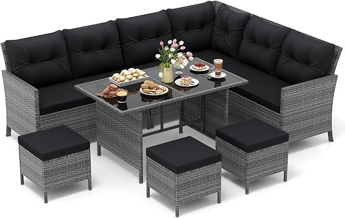 Tangkula 7 Pieces Patio Dining Furniture Set, Outdoor PE Rattan Sectional Sofa Set with Soft Cushions, Ottomans and Tempered Glass Table, Wicker Conversation Set (Mix Gray + Black)